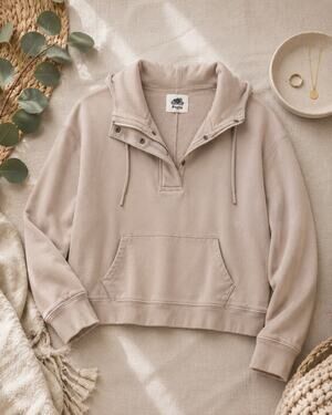 Roots Women's Original Half Zip Snap Hoodie Taupe Athleisure Minimalist Size XS